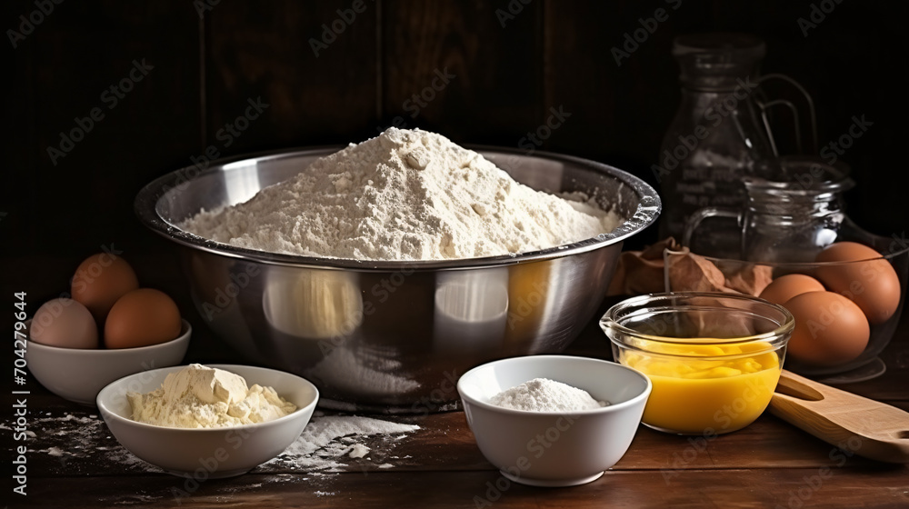 Ingredients for making dough or donuts like eggs