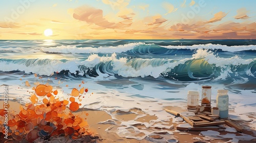 Impressionist painting of a beach sunset