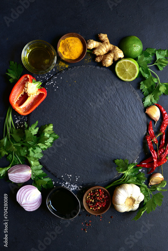 Food background with ingredients for cooking. Top view with copy space.