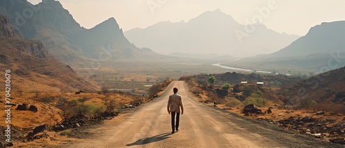 Man walking alone on a rural road in a mountainous African landscape