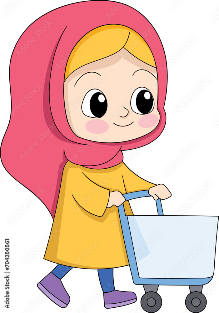 Muslim girl is going shopping at the beginning of the month for daily needs, walking with a happy face Muslim girl is going shopping at the beginning of the month for daily needs, walking with a happy face