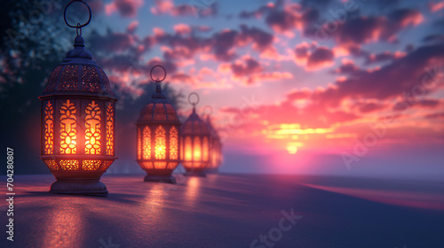 Eid Mubarek - Ramdan Kareem ... Islamic lantern in the middle of desert . generative AI