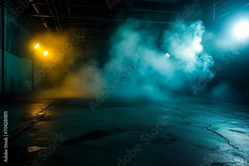 The dark stage shows, dark blue background, an empty dark scene, neon light, spotlights The asphalt floor and studio room with smoke float up the interior texture for display products © Werckmeister