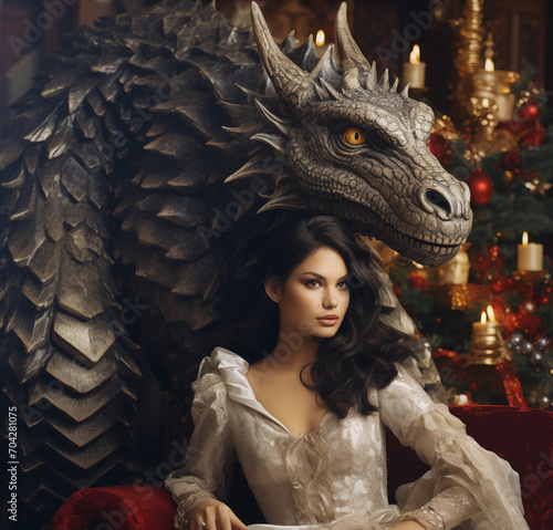 Beauty girl and beast dragon celebrate Christmas photo