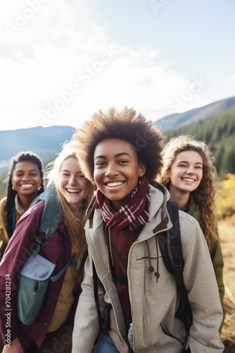 Four happy young women hiking in the mountains