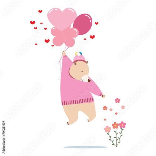 A little cute bear holding group of pink balloons and playing with sweet flower on white background. Vector illustration for Valentine's day decoration 