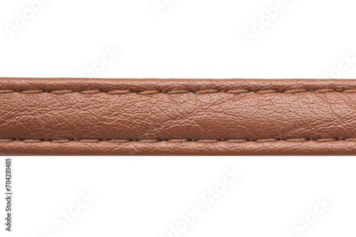 Brown leather belt strap. Closeup isolated on white. Cutout object fashion. Thread seam line. Waist belt casual clothing. Sew pattern. photo