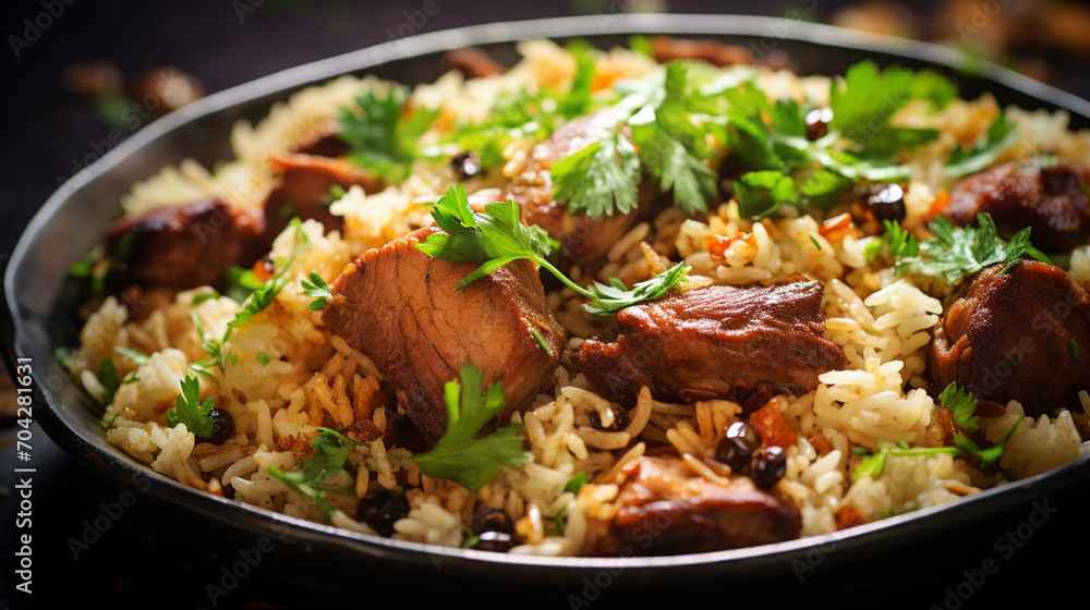 Plov cooked with meat, spices, national dish, generative AI Plov cooked with meat, spices, national dish, generative AI