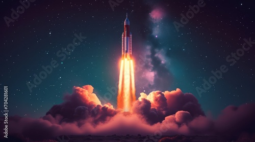 A vibrant rocket launch against a starry night sky.