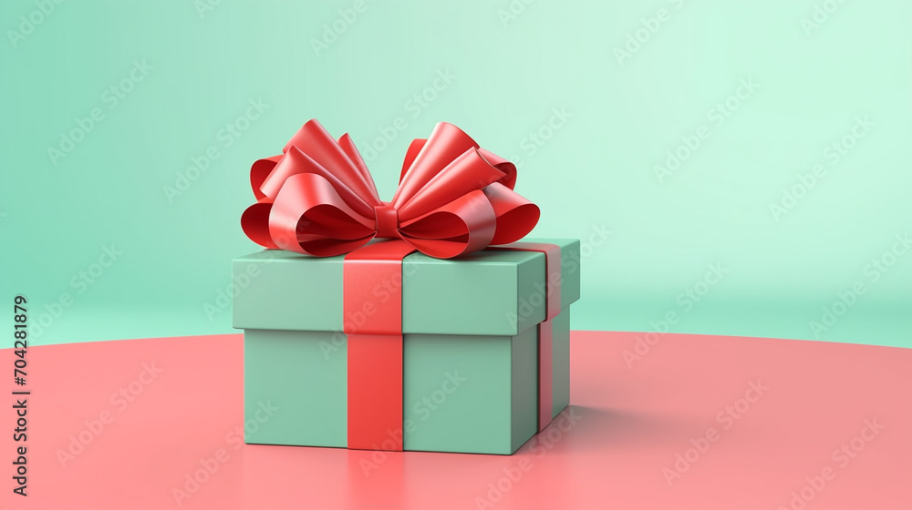 gift box or green present box with red ribbon and bow on green background gift box or green present box with red ribbon and bow on green background