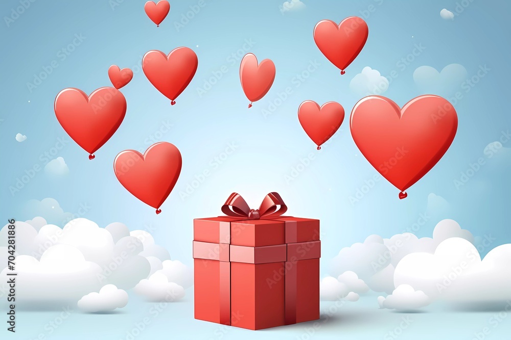 Valentines day party decorations background, Red hearts balloons, clouds and gifts with ribbons on blue background