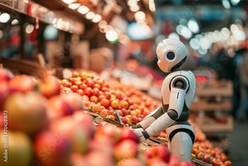 A humanoid robot with a shopping trolley is shopping at a grocery store. Future concept with robotics and artificial intelligence. photo