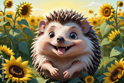 A cartoon style illustration of a happy hedgehog, in a meadow surrounded by colorful blooming sunflowers