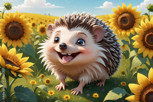 A cartoon style illustration of a happy hedgehog, in a meadow surrounded by colorful blooming sunflowers