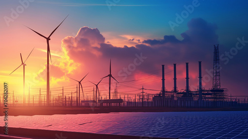 Silhouette of powerplant, solar cell plant and wind generators. Energy concept