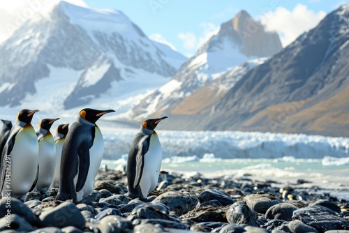 A trio of majestic penguins stand tall on a rocky beach  surrounded by the rugged beauty of the arctic mountains and the crisp white snow