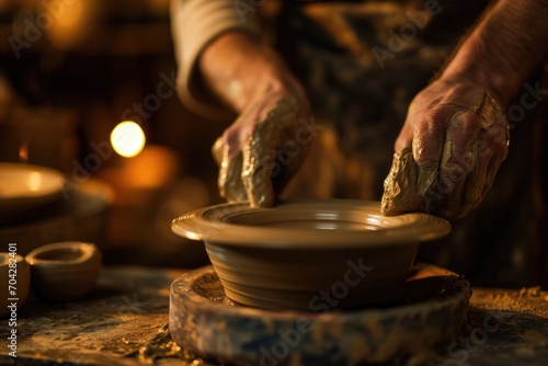 The skilled artisan's hands deftly shape a ceramic mixing bowl on an indoor potter's wheel, showcasing the timeless beauty of traditional craftsmanship