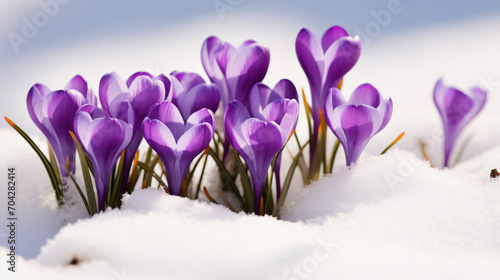 Purple crocuses growing through the snow 