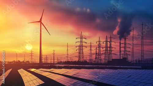 Silhouette of powerplant, solar cell plant and wind generators. Energy concept photo