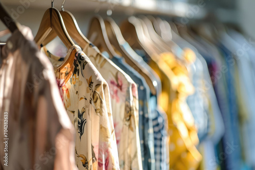 many different summer women's clothes on a hanger close-up