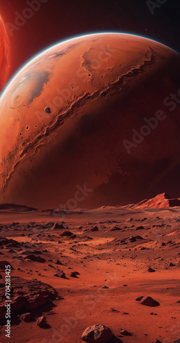 Landscape of unknown red planet surface with craters and mountains and a giant planet in the sky