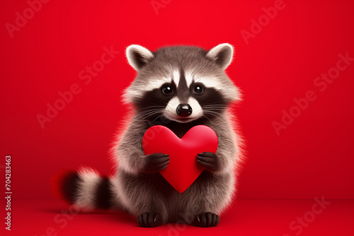 Happy Valentine's Day, Valentines Day, love, celebration concept greeting card with text - Cute racoon holding a red heart , isolated on red background © ERiK