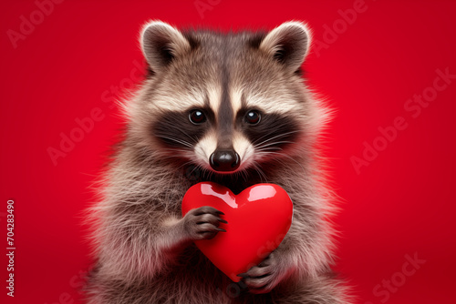 Happy Valentine's Day, Valentines Day, love, celebration concept greeting card with text - Cute racoon holding a red heart , isolated on red background