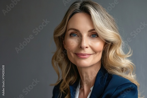 Happy smiling adult age 50 years old female manager portrait looking at camera. Closeup headshot of sophisticated business woman isolated on grey background advertising products and, Generative AI  photo