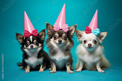Celebration, happy birthday, Sylvester New Year's eve party, funny animal greeting card - Cute little chihuahuas dog pet with pink party hat and bow tie on blue wall background texture © ERiK