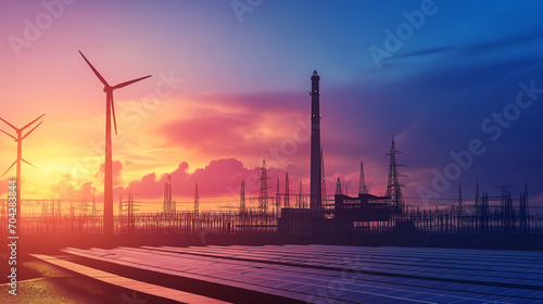 Silhouette of powerplant, solar cell plant and wind generators. Energy concept