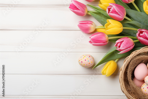 Easter holiday celebration banner greeting card banner with pink painted eggs in bird nest basket and yellow tulip flowers on white wooden background tabel texture.