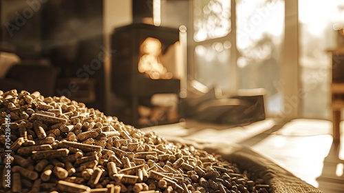 wood pellets in a warm livingroom with burning oven. Generative AI