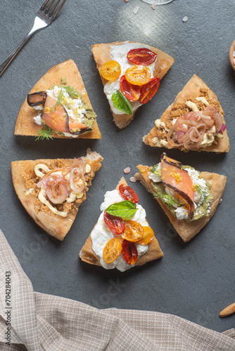 Sliced gourmet pizza