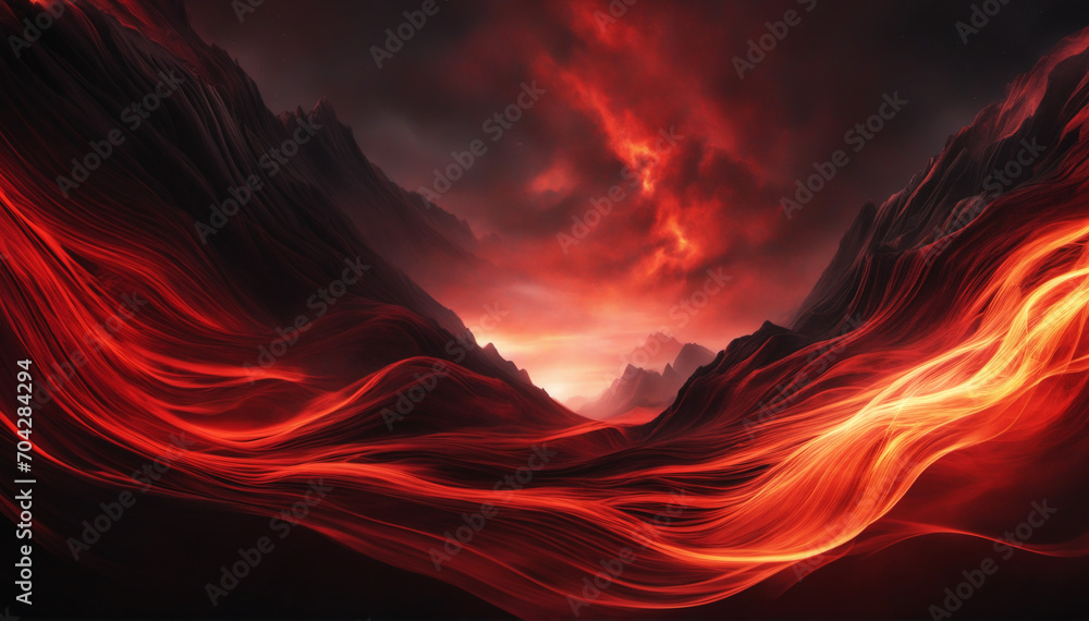 Black red abstract background. Toned fiery red sky. Flame and smoke effect. Fire background with copy space for design. Armageddon, apocalypse, spooky, halloween, inferno, hell, evil concept.