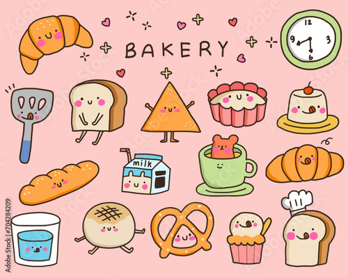 Bread characters. Funny tasty bakery pastries, cartoon happy breads faces character set, kawaii croissant and pastry, cute chocolate muffin and baguette expression illustration.