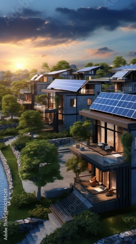 New urbanization of houses or chalets with swimming pool and solar panels. sustainable energy concept © tetxu