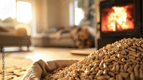 wood pellets  in a warm livingroom with burning oven. Generative AI photo
