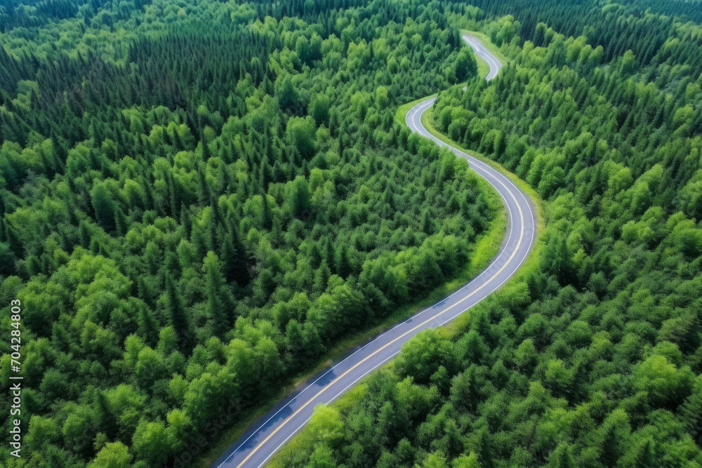 Aerial view of a winding road in a dense forest, top view, copy space