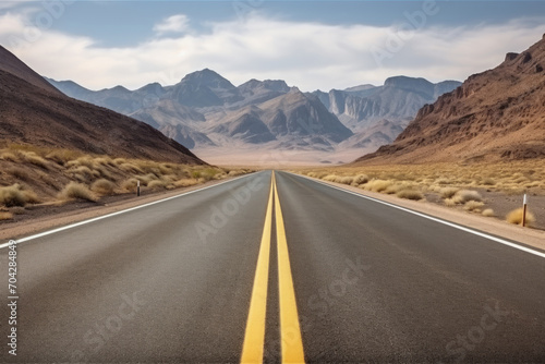 Perspective view of a road with a dividing line going into the distance against the background of mountains