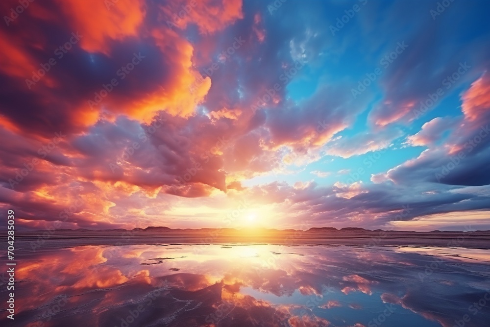 Atop the calm lake, a stunning sunset unfolds, with the sky adorned in shades of pink and purple clouds, and a tranquil horizon stretching out peacefully.