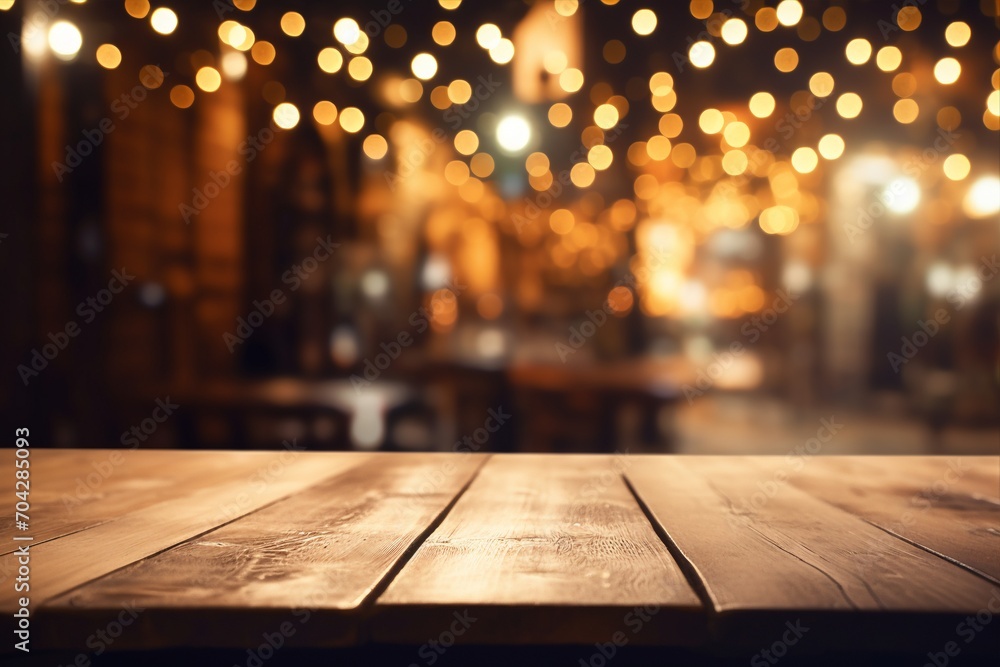 A wooden table is showcased against the mesmerizing backdrop of abstract and blurred restaurant lights, enhancing the overall dining experience. Created with generative AI tools A wooden table is showcased against the mesmerizing backdrop of abstract and blurred restaurant lights, enhancing the overall dining experience. Created with generative AI tools
