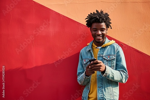 Happy young African American guy standing at color bright red wall outdoors using cell phone, looking at camera holding cellphone enjoying doing online ecommerce shopping in mobile apps, Generative AI