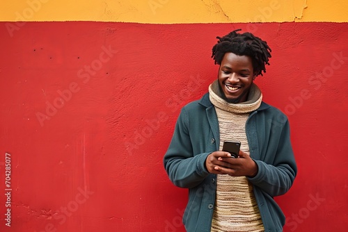 Happy young African American guy standing at color bright red wall outdoors using cell phone, looking at camera holding cellphone enjoying doing online ecommerce shopping in mobile apps, Generative AI