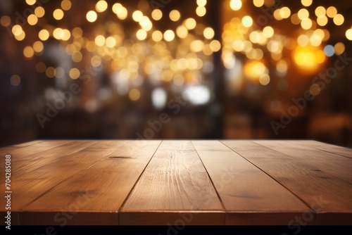 A wooden table is showcased against the mesmerizing backdrop of abstract and blurred restaurant lights  enhancing the overall dining experience. Created with generative AI tools
