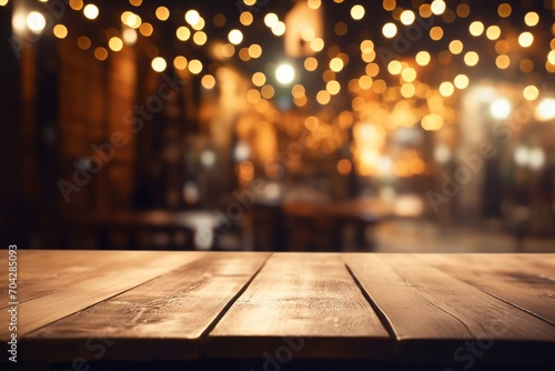 A wooden table is showcased against the mesmerizing backdrop of abstract and blurred restaurant lights, enhancing the overall dining experience. Created with generative AI tools