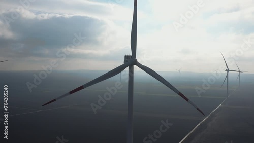 Large Wind Farm Aerial -  drone flight at propeller heigh photo