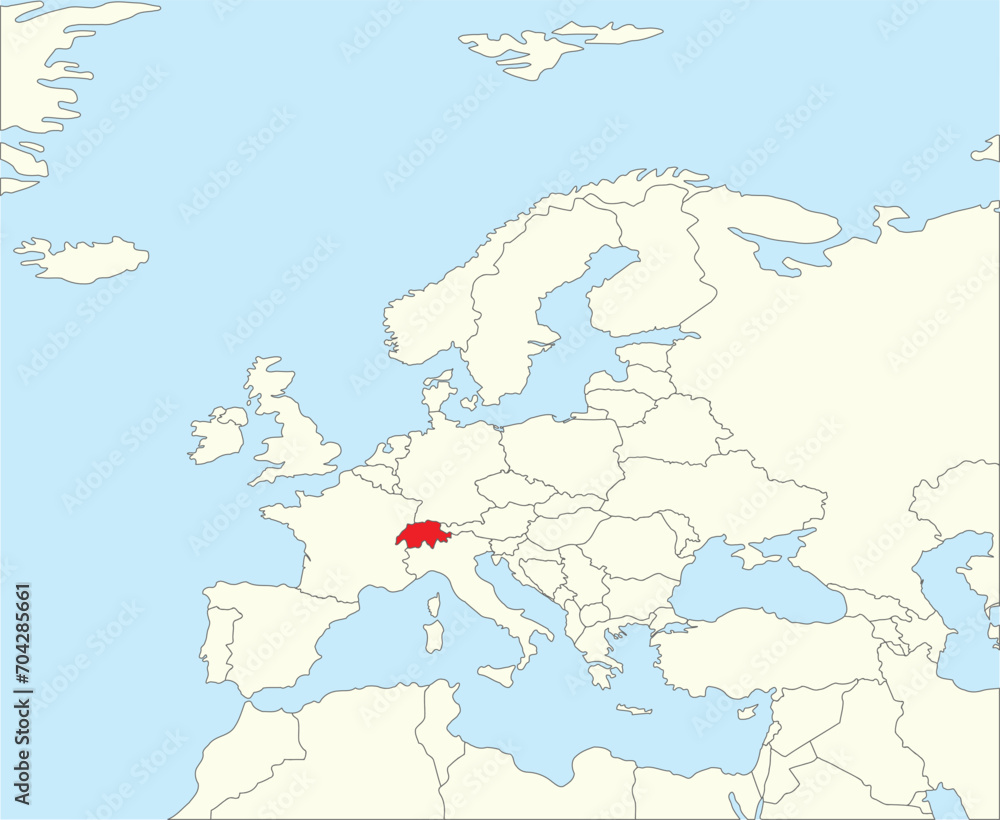 Fototapeta premium Red CMYK national map of SWITZERLAND inside simplified beige blank political map of European continent on blue background using Winkel Tripel projection