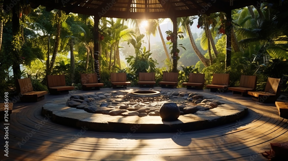 Fototapeta premium secluded outdoor yoga space with a fire pit