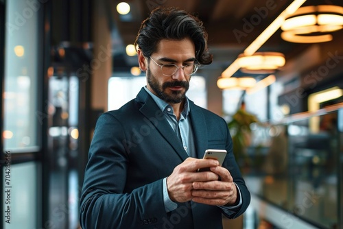 Busy young Latin business man using cellphone at work standing in office. Serious male executive, businessman employee or entrepreneur holding smartphone working on mobile cell phone, Generative AI 