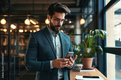 Busy young Latin business man using cellphone at work standing in office. Serious male executive, businessman employee or entrepreneur holding smartphone working on mobile cell phone, Generative AI  photo